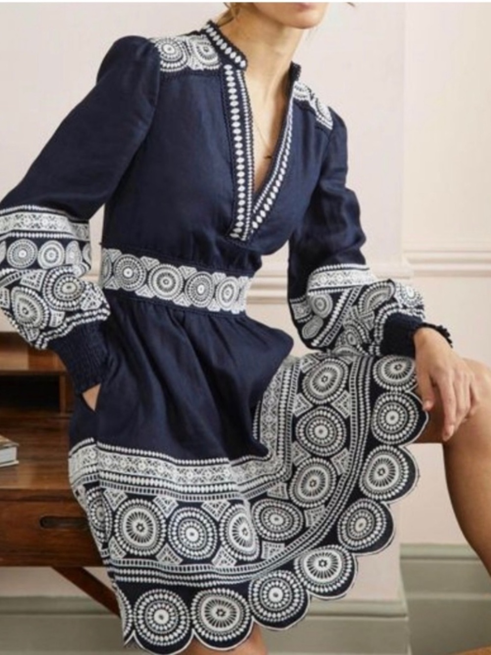 New Boden Tamsin Dress Size 8 Navy White Embroidered 100% Linen Lined
